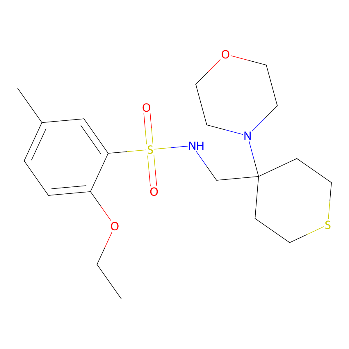 2-ethoxy-5-methyl-N-{[4-(morpholin-4-yl)thian-4-yl]methyl}benzene-1-sulfonamide molecular structure, CAS 2380081-67-2
