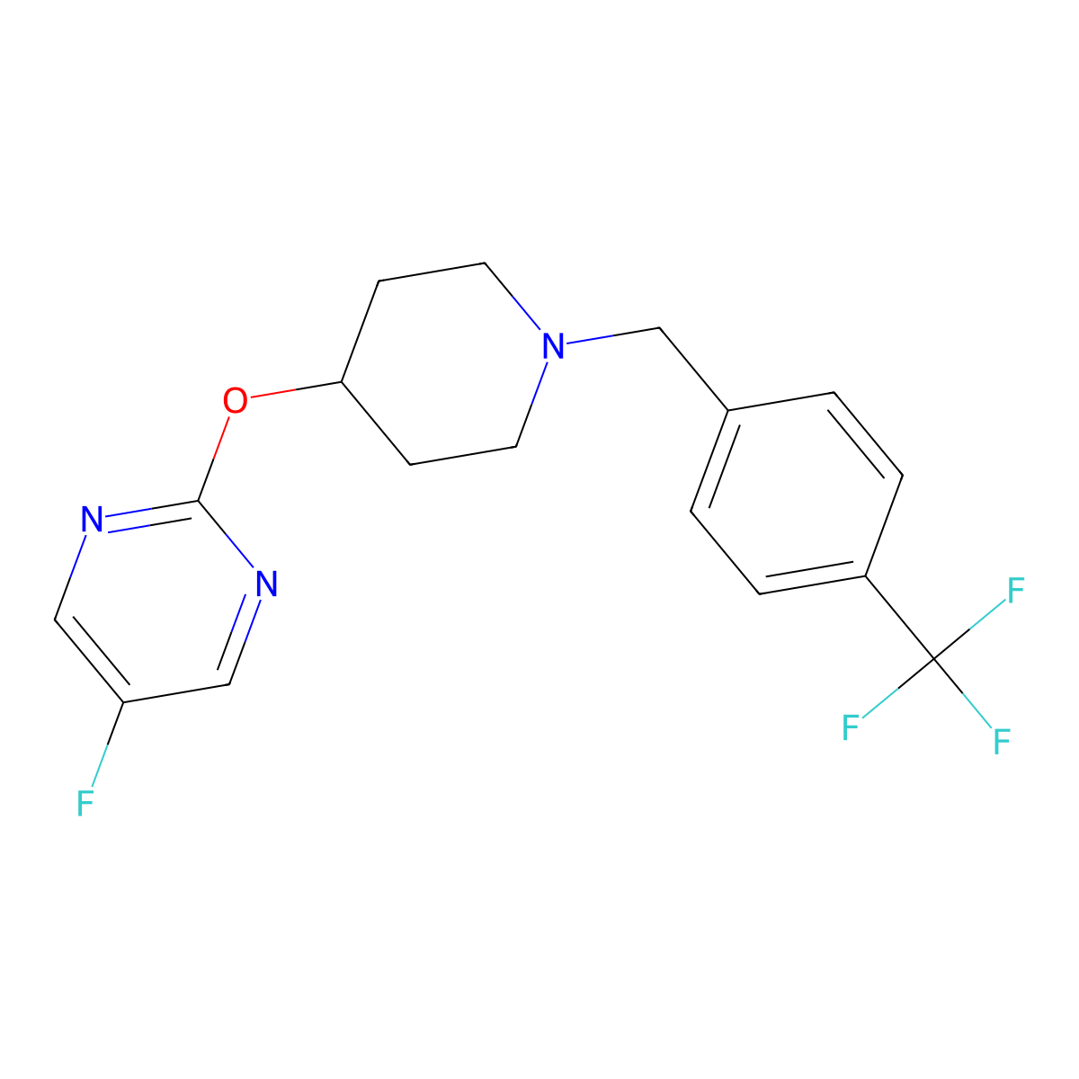 5-Fluoro-2-[(1-{[4-(trifluoromethyl)phenyl]methyl}piperidin-4-yl)oxy]pyrimidine molecular structure, CAS 2380081-71-8