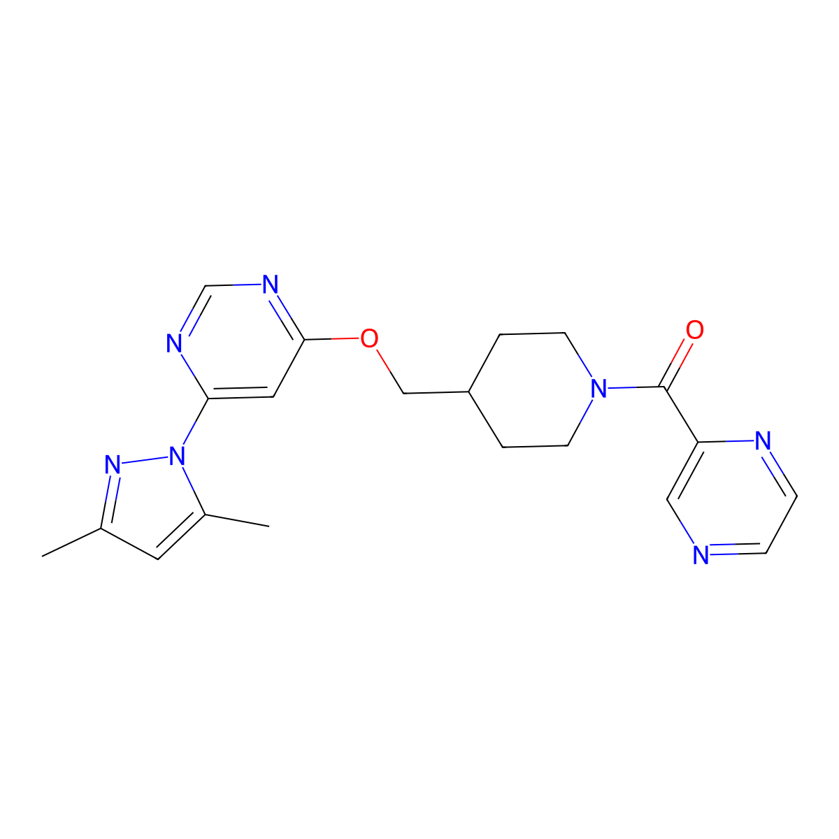 4-(3,5-dimethyl-1H-pyrazol-1-yl)-6-{[1-(pyrazine-2-carbonyl)piperidin-4-yl]methoxy}pyrimidine molecular structure, CAS 2380081-75-2