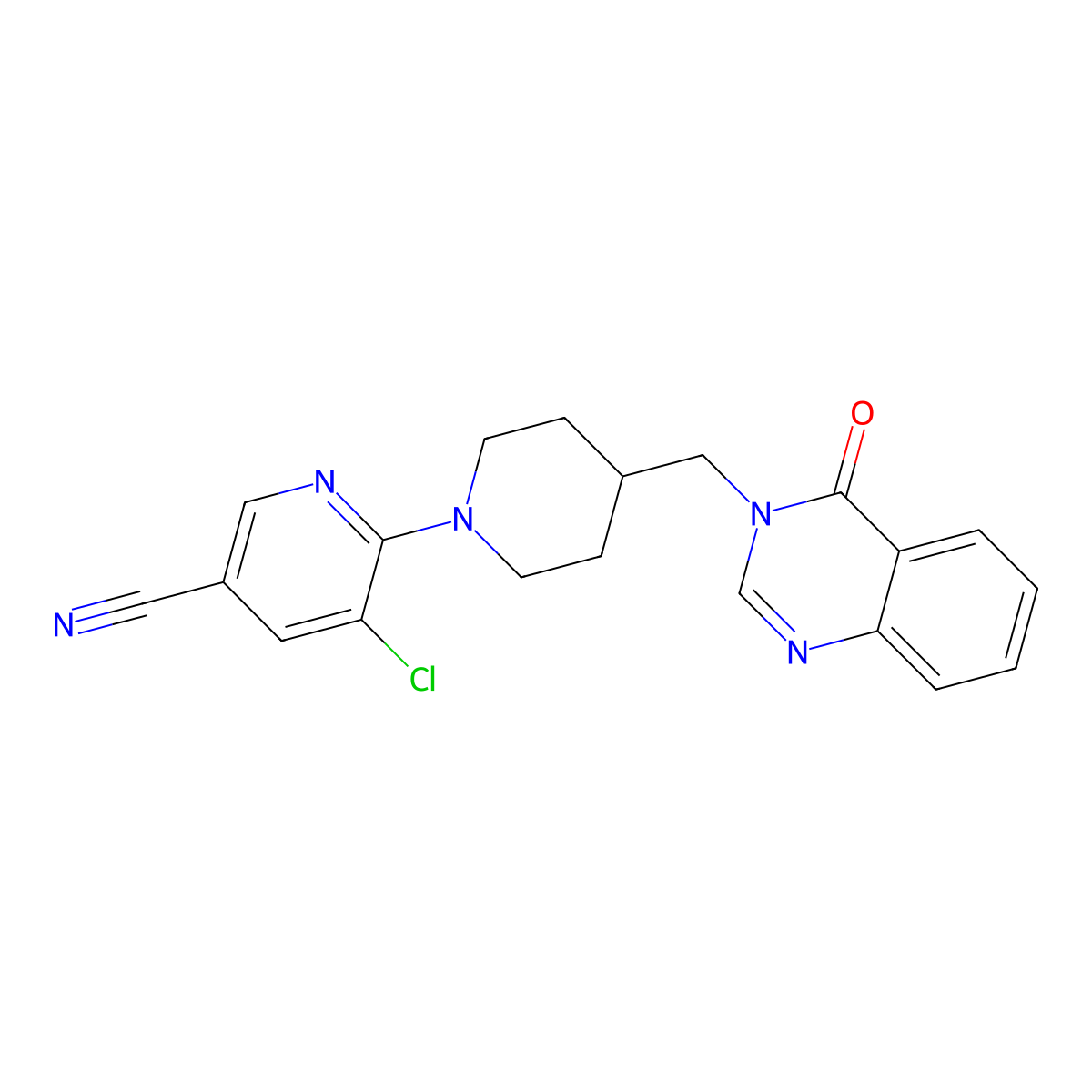 5-Chloro-6-{4-[(4-oxo-3,4-dihydroquinazolin-3-yl)methyl]piperidin-1-yl}pyridine-3-carbonitrile molecular structure, CAS 2380081-80-9