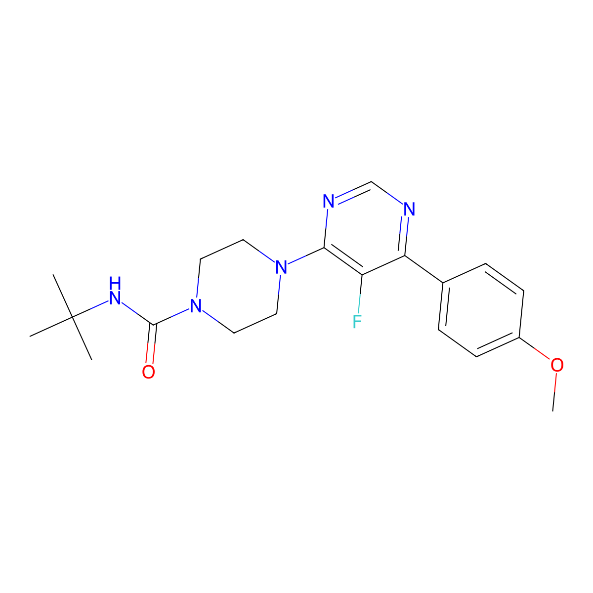 N-Tert-butyl-4-[5-fluoro-6-(4-methoxyphenyl)pyrimidin-4-yl]piperazine-1-carboxamide molecular structure, CAS 2380082-01-7