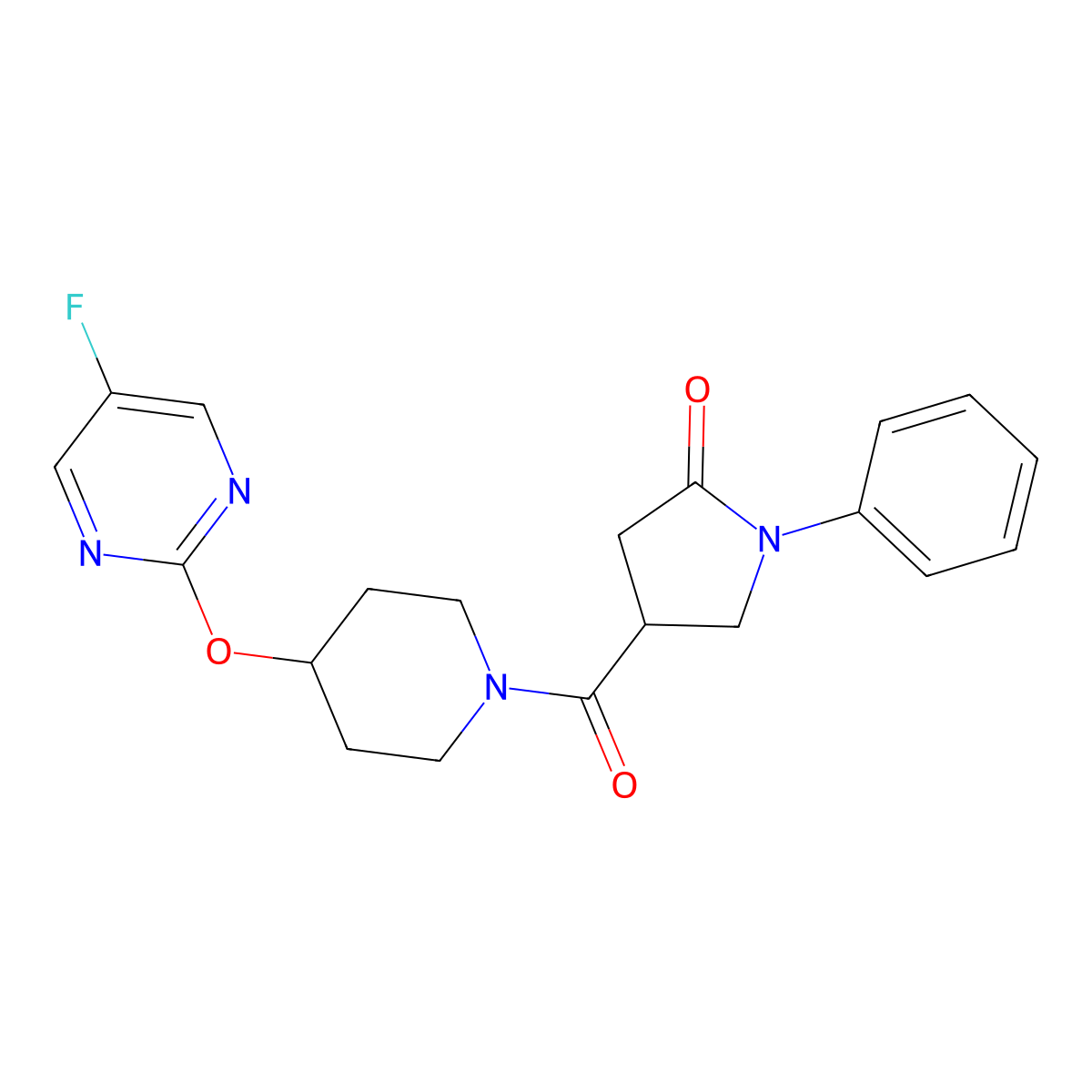 4-{4-[(5-Fluoropyrimidin-2-yl)oxy]piperidine-1-carbonyl}-1-phenylpyrrolidin-2-one molecular structure, CAS 2380082-11-9