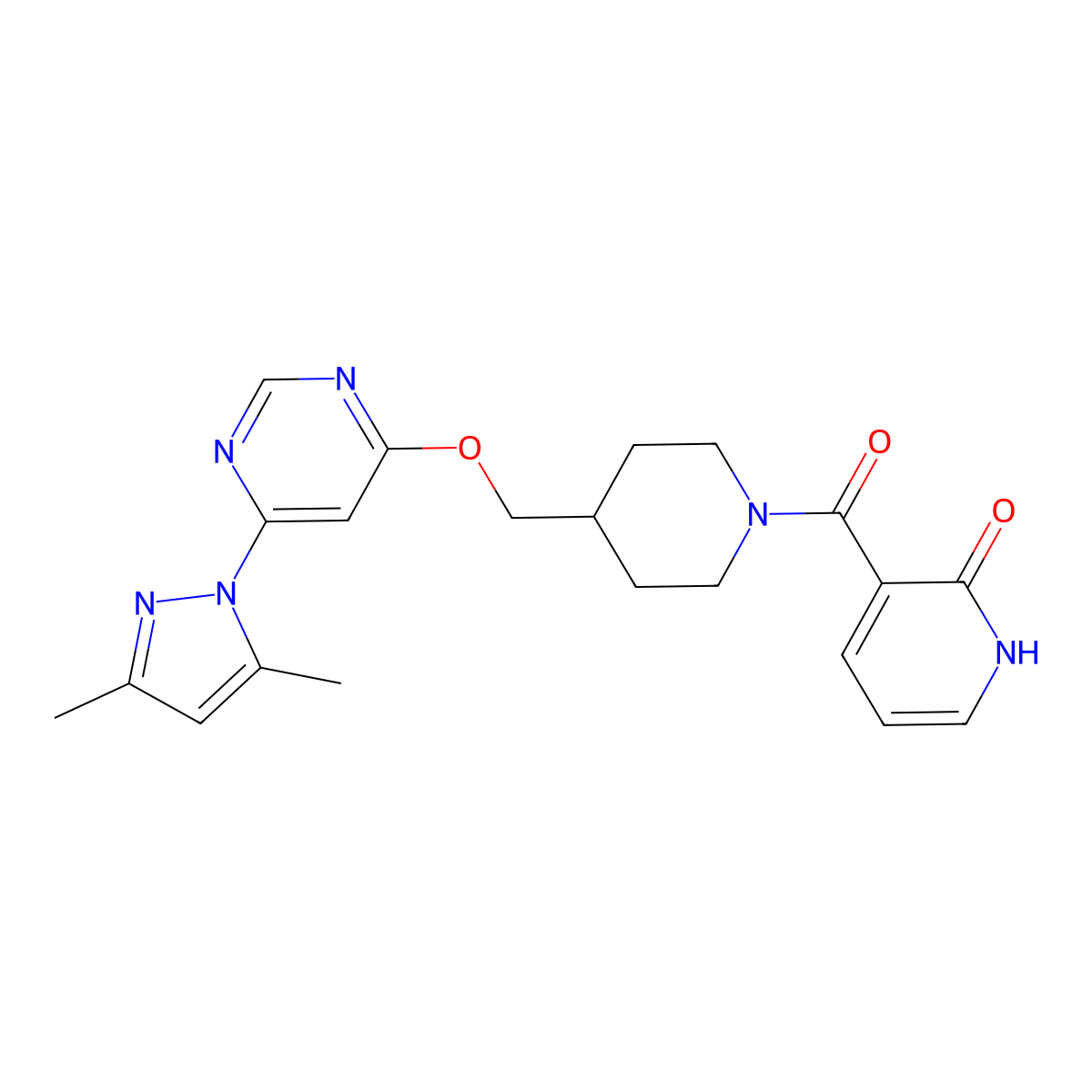 3-[4-({[6-(3,5-dimethyl-1H-pyrazol-1-yl)pyrimidin-4-yl]oxy}methyl)piperidine-1-carbonyl]-1,2-dihydropyridin-2-one molecular structure, CAS 2380083-33-8