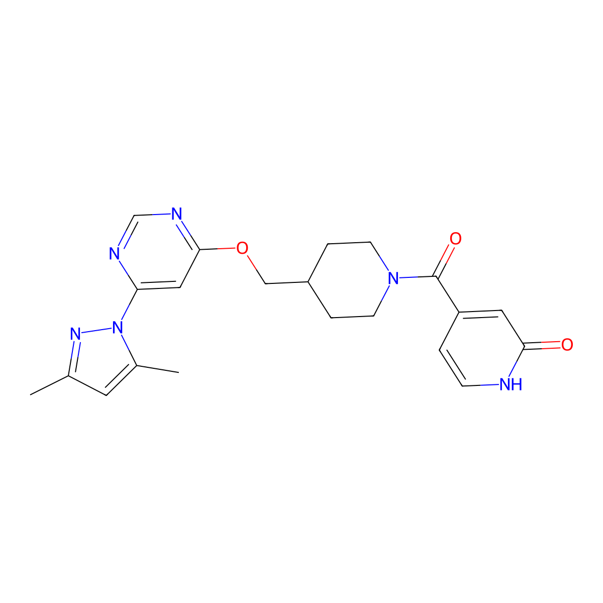 4-[4-({[6-(3,5-dimethyl-1H-pyrazol-1-yl)pyrimidin-4-yl]oxy}methyl)piperidine-1-carbonyl]-1,2-dihydropyridin-2-one molecular structure, CAS 2380083-37-2