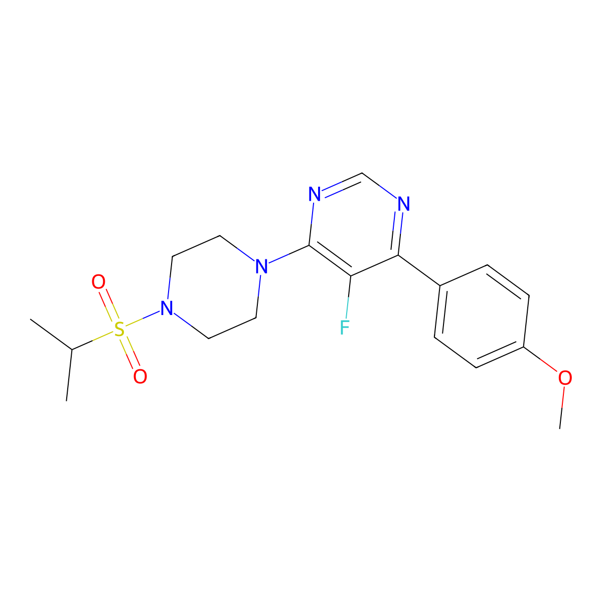 5-Fluoro-4-(4-methoxyphenyl)-6-[4-(propane-2-sulfonyl)piperazin-1-yl]pyrimidine molecular structure, CAS 2380083-43-0