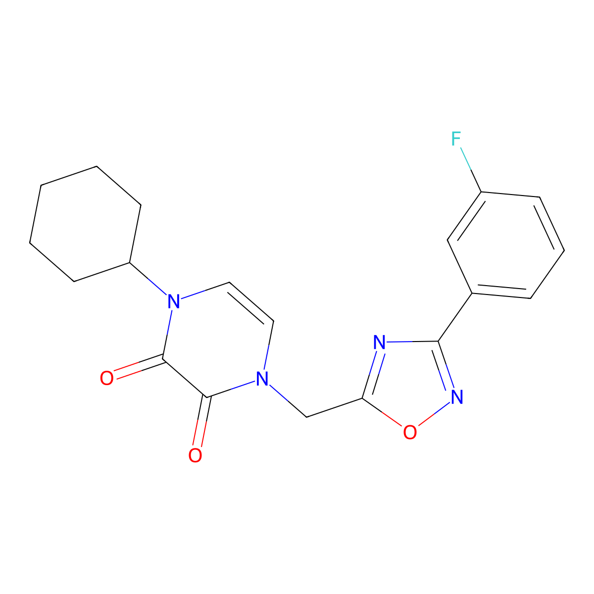 1-Cyclohexyl-4-{[3-(3-fluorophenyl)-1,2,4-oxadiazol-5-yl]methyl}-1,2,3,4-tetrahydropyrazine-2,3-dione molecular structure, CAS 2380083-50-9