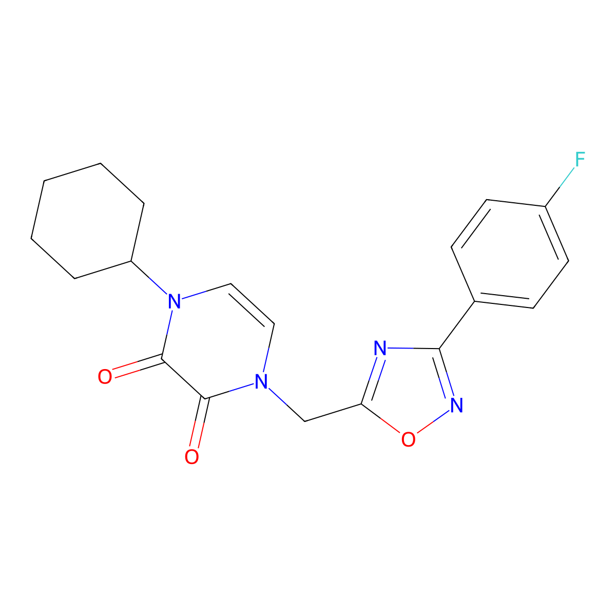 1-Cyclohexyl-4-[[3-(4-fluorophenyl)-1,2,4-oxadiazol-5-yl]methyl]pyrazine-2,3-dione molecular structure, CAS 2380083-55-4