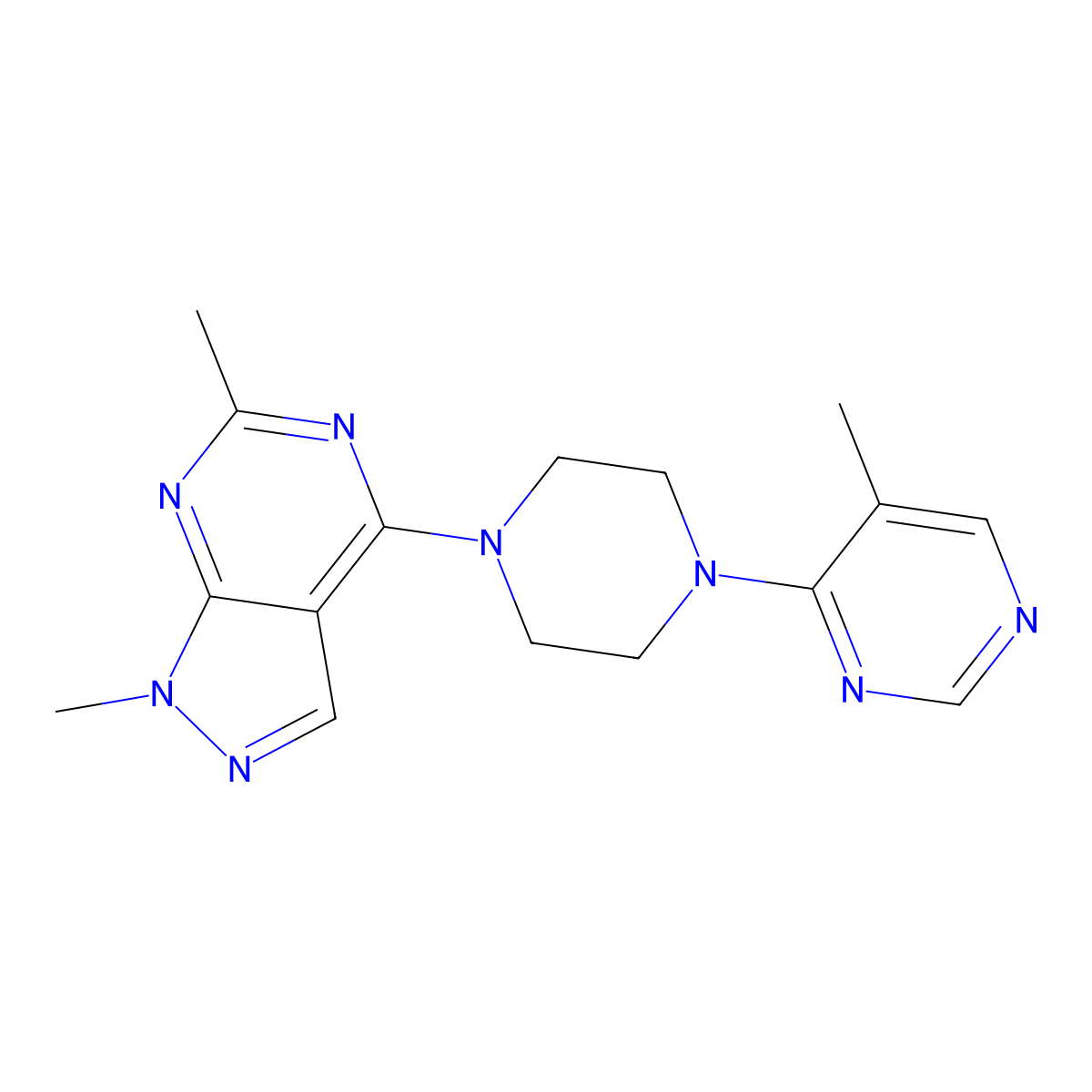 4-(4-{1,6-dimethyl-1H-pyrazolo[3,4-d]pyrimidin-4-yl}piperazin-1-yl)-5-methylpyrimidine molecular structure, CAS 2380083-67-8