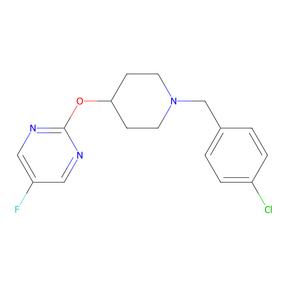 2-({1-[(4-Chlorophenyl)methyl]piperidin-4-yl}oxy)-5-fluoropyrimidine molecular structure, CAS 2380083-77-0