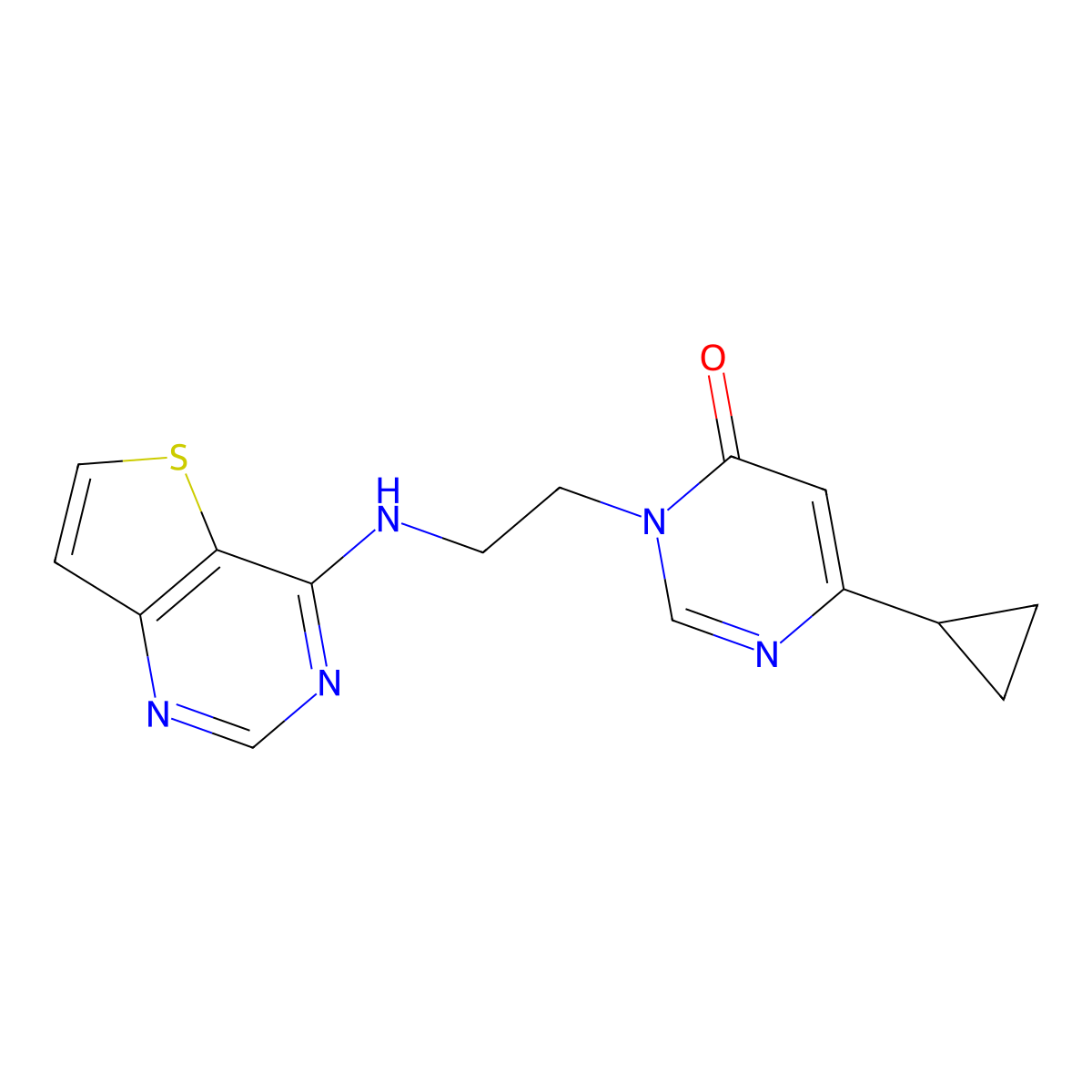 6-Cyclopropyl-3-[2-({thieno[3,2-d]pyrimidin-4-yl}amino)ethyl]-3,4-dihydropyrimidin-4-one molecular structure, CAS 2380083-84-9