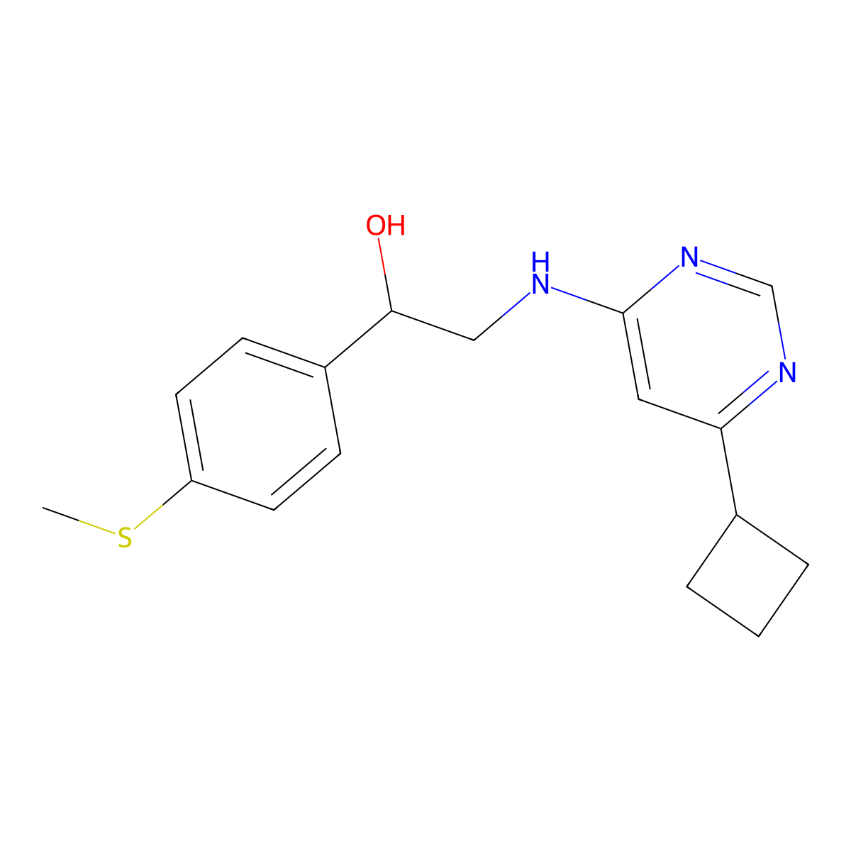 2-[(6-Cyclobutylpyrimidin-4-yl)amino]-1-[4-(methylsulfanyl)phenyl]ethan-1-ol molecular structure, CAS 2380083-85-0