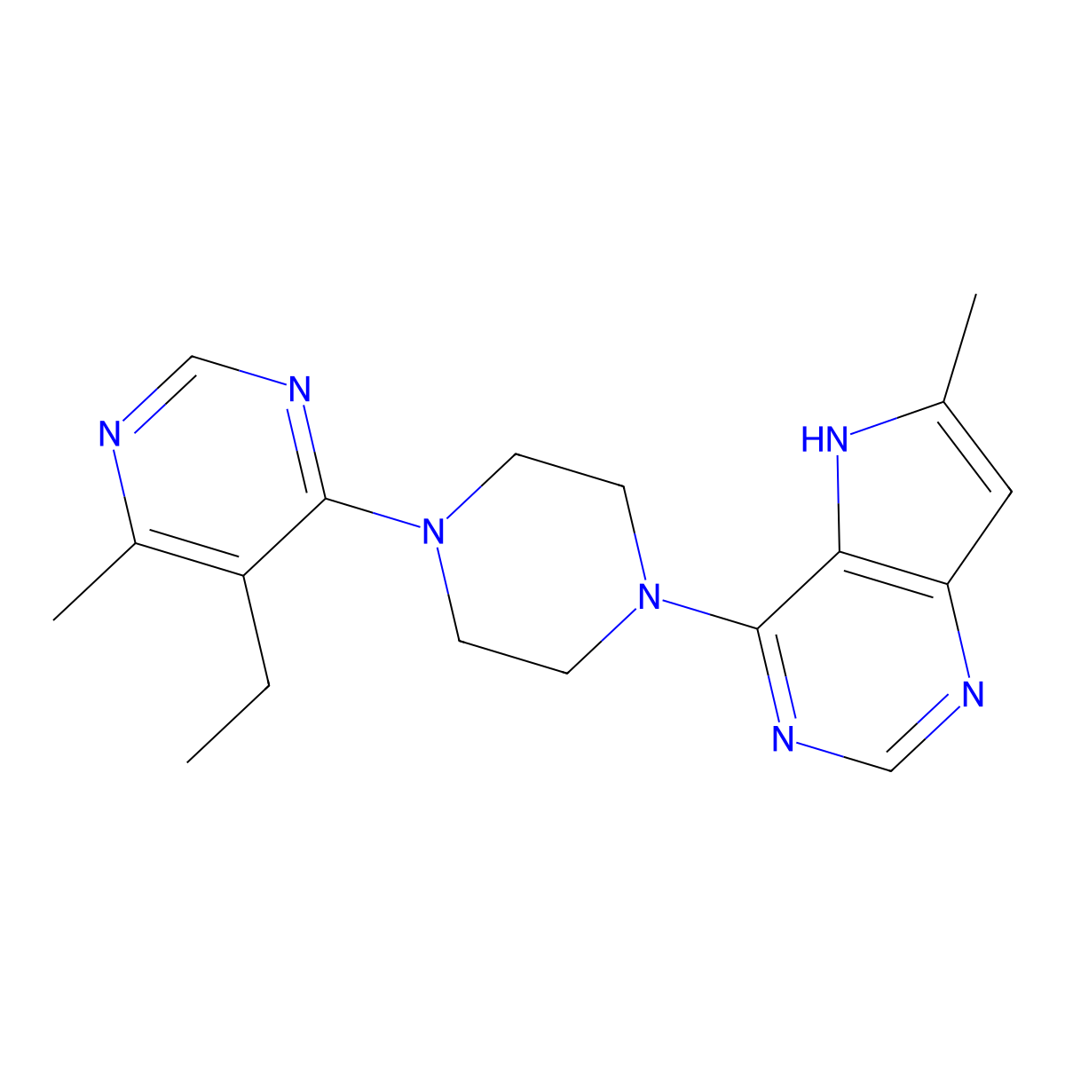 5-ethyl-4-methyl-6-(4-{6-methyl-5H-pyrrolo[3,2-d]pyrimidin-4-yl}piperazin-1-yl)pyrimidine molecular structure, CAS 2380084-16-0