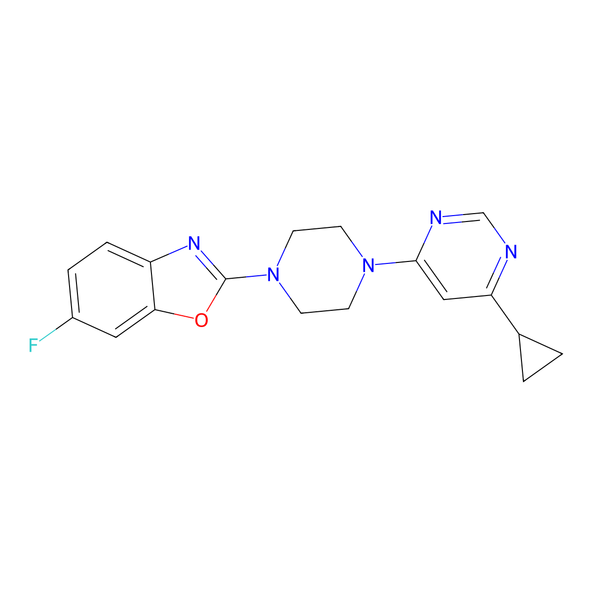 2-[4-(6-Cyclopropylpyrimidin-4-yl)piperazin-1-yl]-6-fluoro-1,3-benzoxazole molecular structure, CAS 2380084-19-3