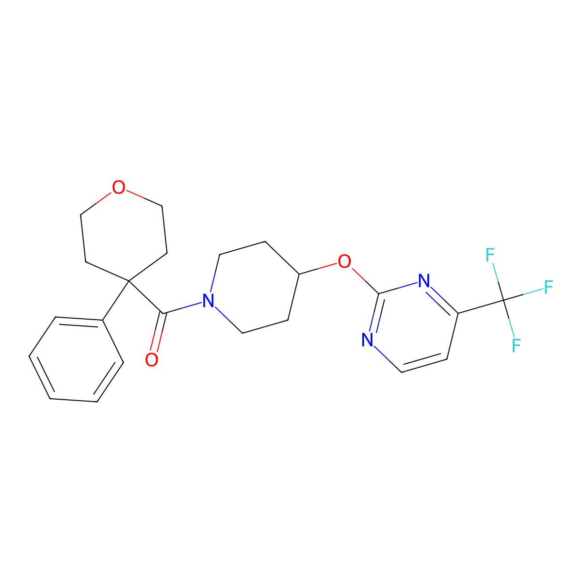 2-{[1-(4-Phenyloxane-4-carbonyl)piperidin-4-yl]oxy}-4-(trifluoromethyl)pyrimidine molecular structure, CAS 2380084-31-9