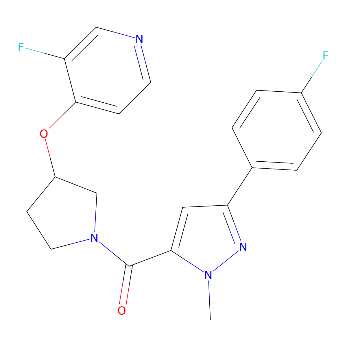 3-fluoro-4-({1-[3-(4-fluorophenyl)-1-methyl-1H-pyrazole-5-carbonyl]pyrrolidin-3-yl}oxy)pyridine molecular structure, CAS 2380084-35-3