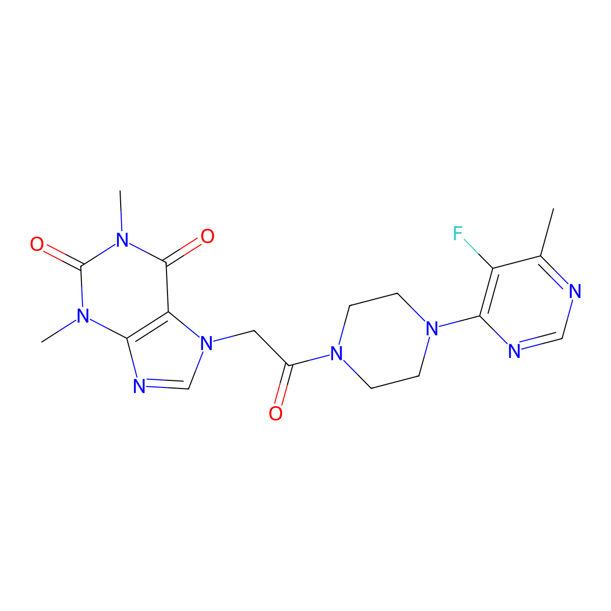 7-{2-[4-(5-fluoro-6-methylpyrimidin-4-yl)piperazin-1-yl]-2-oxoethyl}-1,3-dimethyl-2,3,6,7-tetrahydro-1H-purine-2,6-dione molecular structure, CAS 2380084-41-1