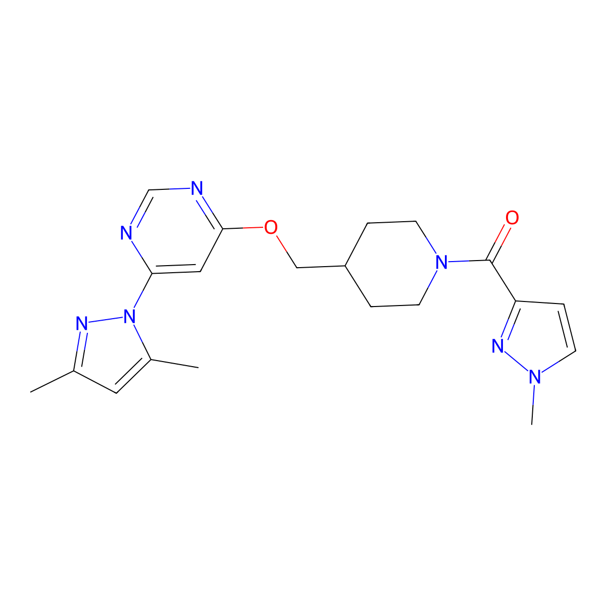 4-(3,5-dimethyl-1H-pyrazol-1-yl)-6-{[1-(1-methyl-1H-pyrazole-3-carbonyl)piperidin-4-yl]methoxy}pyrimidine molecular structure, CAS 2380084-50-2