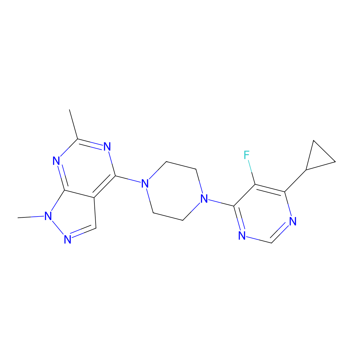 4-cyclopropyl-6-(4-{1,6-dimethyl-1H-pyrazolo[3,4-d]pyrimidin-4-yl}piperazin-1-yl)-5-fluoropyrimidine molecular structure, CAS 2380084-52-4
