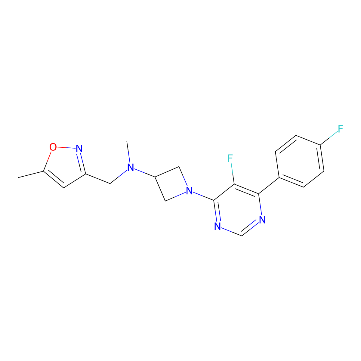 1-[5-Fluoro-6-(4-fluorophenyl)pyrimidin-4-yl]-N-methyl-N-[(5-methyl-1,2-oxazol-3-yl)methyl]azetidin-3-amine molecular structure, CAS 2380084-55-7