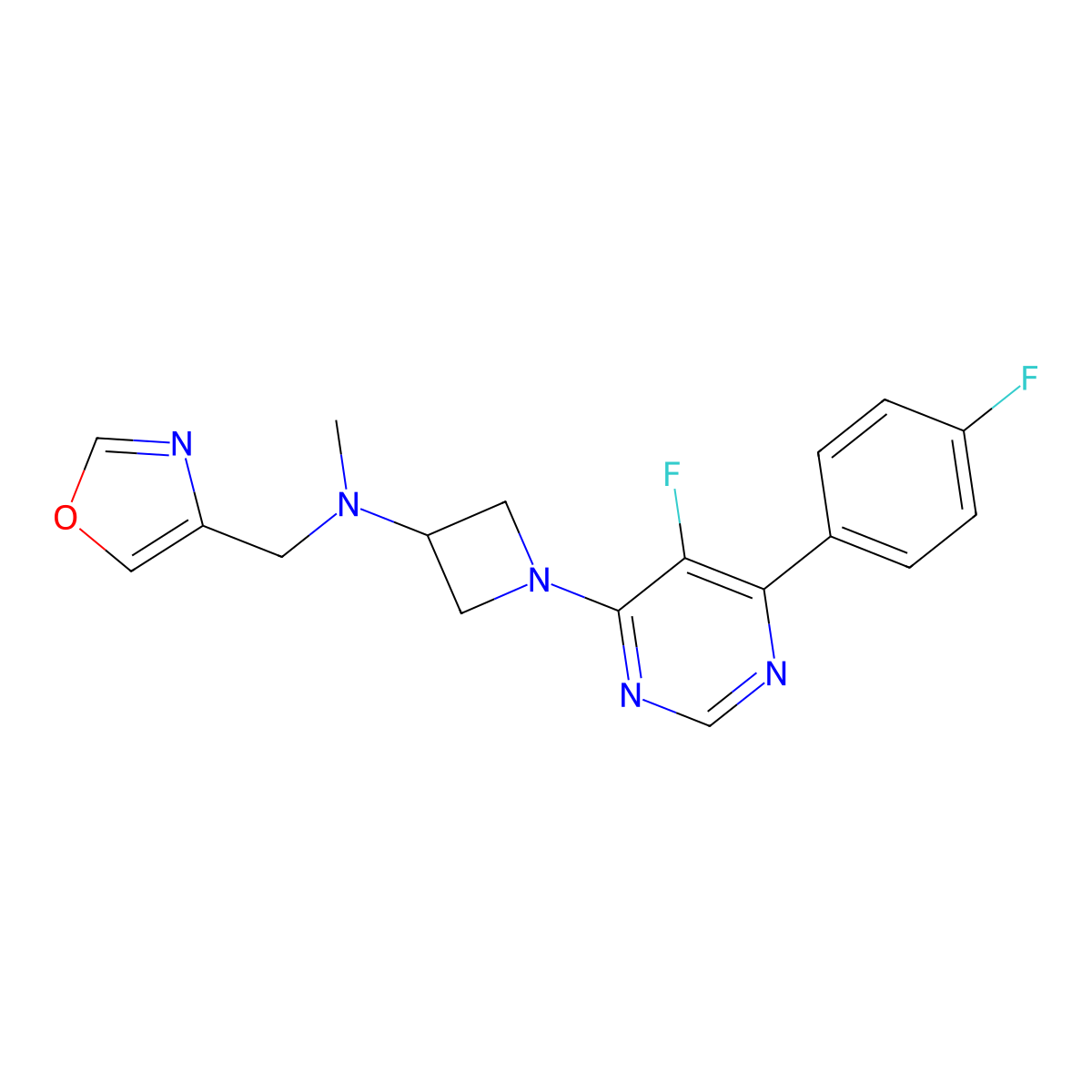 1-[5-fluoro-6-(4-fluorophenyl)pyrimidin-4-yl]-N-methyl-N-[(1,3-oxazol-4-yl)methyl]azetidin-3-amine molecular structure, CAS 2380084-56-8