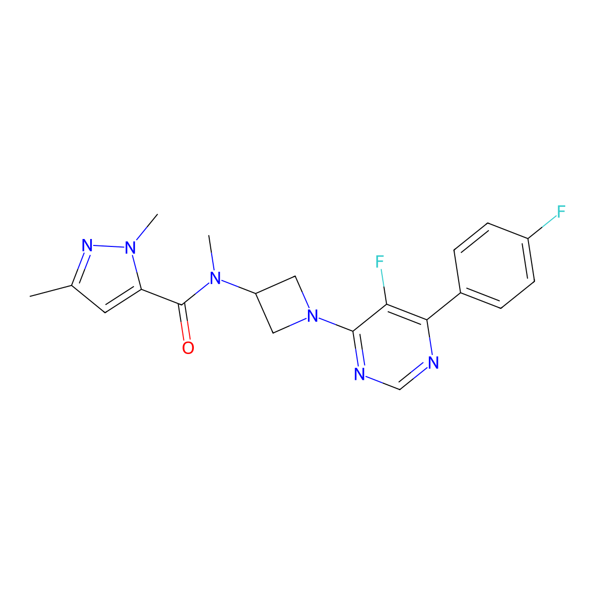 N-{1-[5-fluoro-6-(4-fluorophenyl)pyrimidin-4-yl]azetidin-3-yl}-N,1,3-trimethyl-1H-pyrazole-5-carboxamide molecular structure, CAS 2380084-86-4