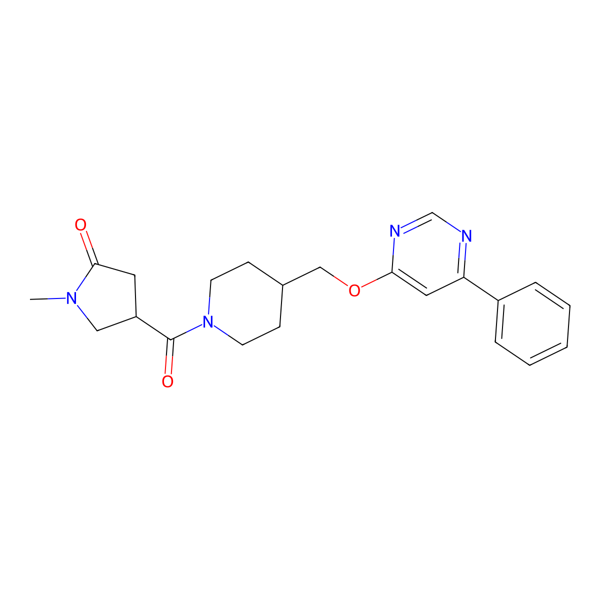 1-Methyl-4-(4-{[(6-phenylpyrimidin-4-yl)oxy]methyl}piperidine-1-carbonyl)pyrrolidin-2-one molecular structure, CAS 2380084-91-1