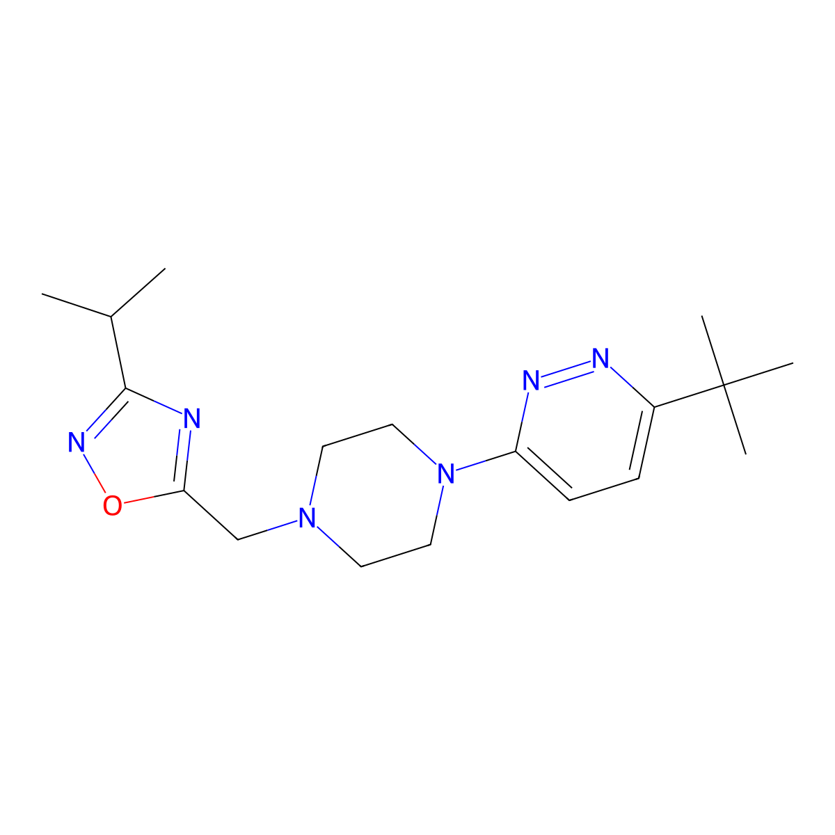 3-Tert-butyl-6-(4-{[3-(propan-2-yl)-1,2,4-oxadiazol-5-yl]methyl}piperazin-1-yl)pyridazine molecular structure, CAS 2380084-95-5