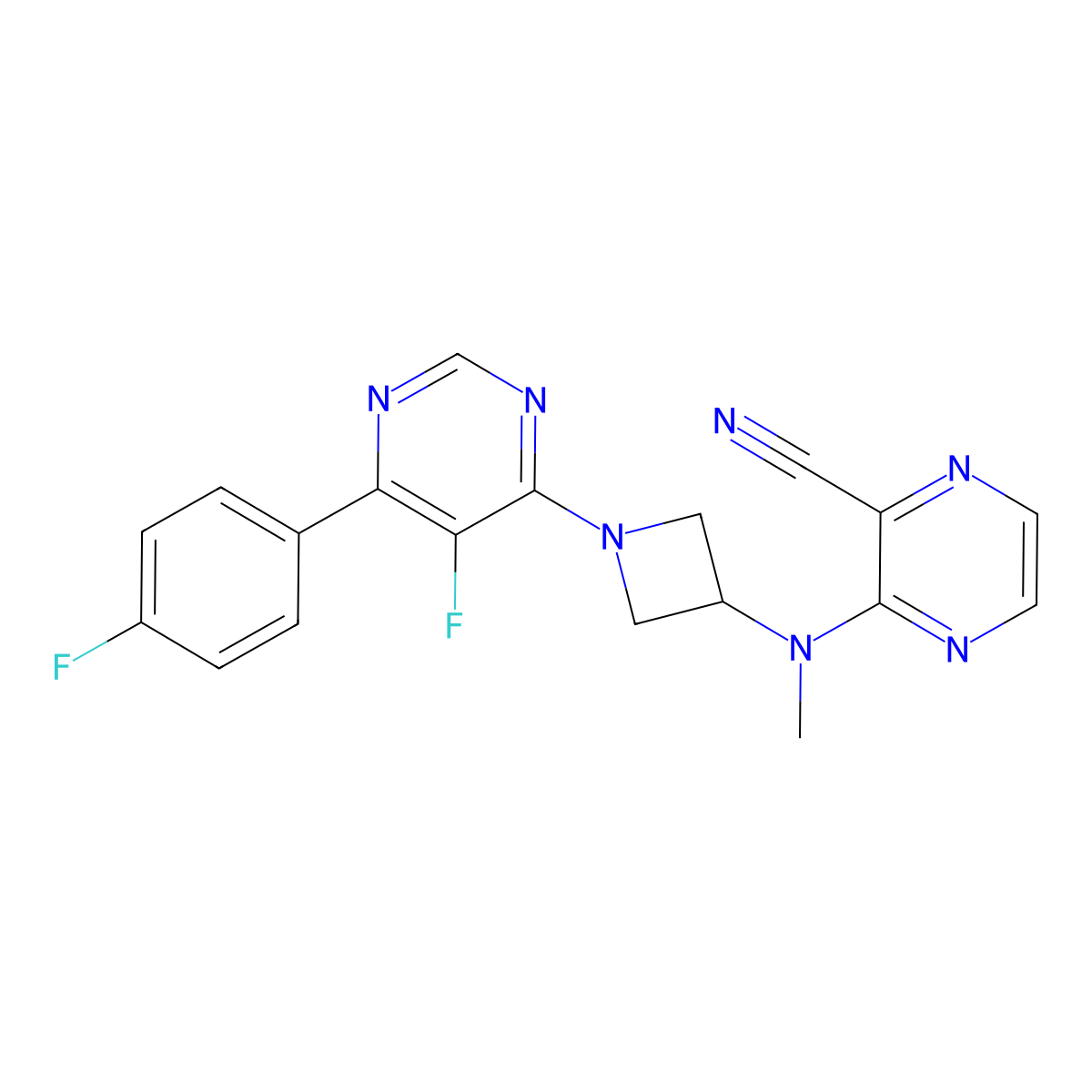 3-({1-[5-Fluoro-6-(4-fluorophenyl)pyrimidin-4-yl]azetidin-3-yl}(methyl)amino)pyrazine-2-carbonitrile molecular structure, CAS 2380085-00-5