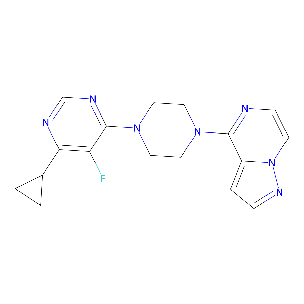 4-Cyclopropyl-5-fluoro-6-(4-{pyrazolo[1,5-a]pyrazin-4-yl}piperazin-1-yl)pyrimidine molecular structure, CAS 2380085-06-1