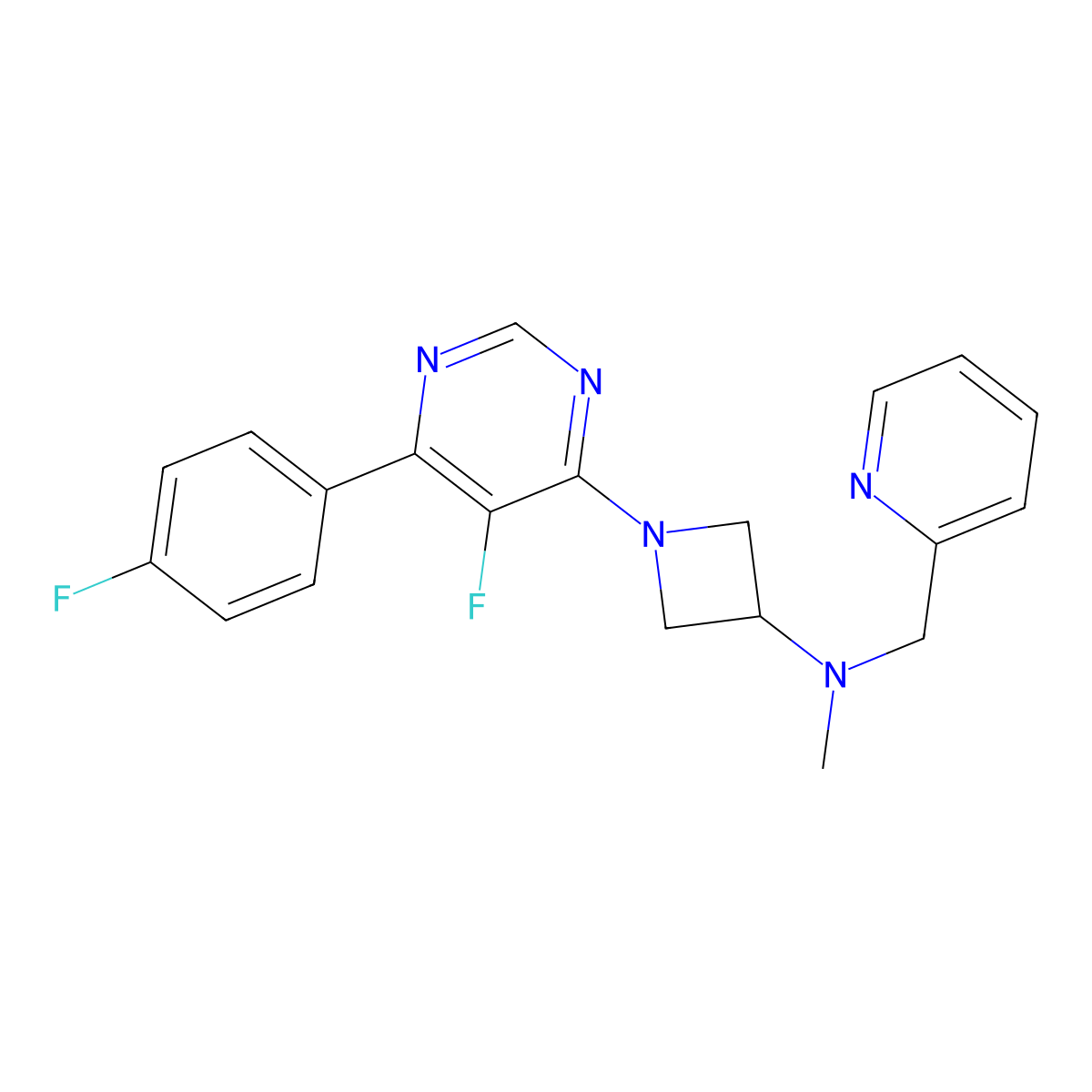 1-[5-fluoro-6-(4-fluorophenyl)pyrimidin-4-yl]-N-methyl-N-[(pyridin-2-yl)methyl]azetidin-3-amine molecular structure, CAS 2380085-18-5