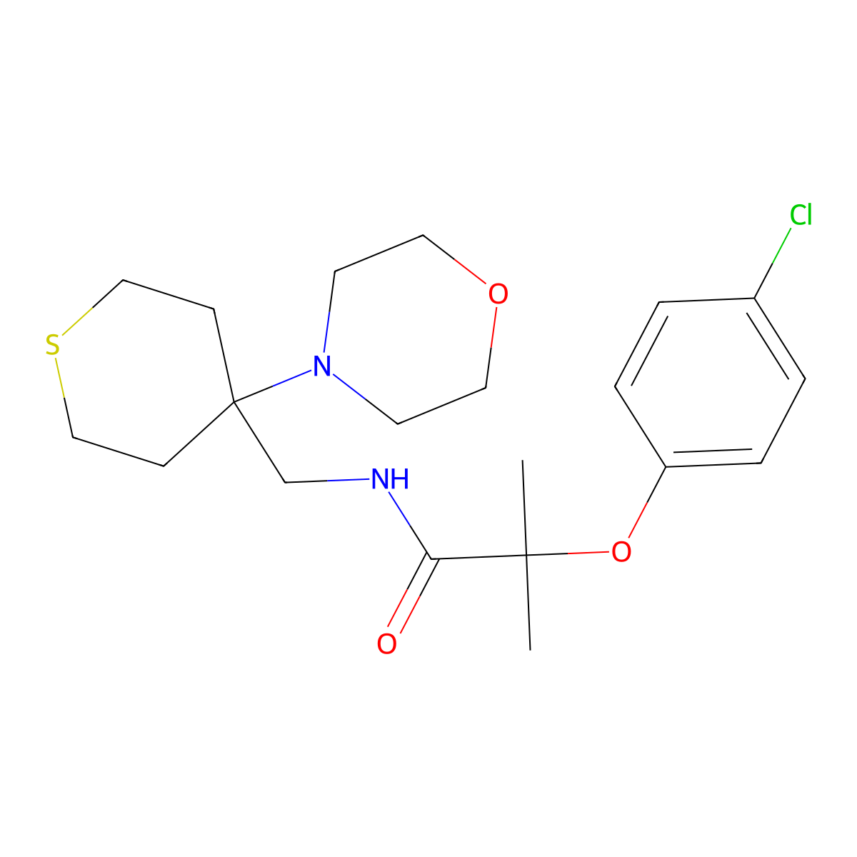 2-(4-chlorophenoxy)-2-methyl-N-{[4-(morpholin-4-yl)thian-4-yl]methyl}propanamide molecular structure, CAS 2380085-22-1
