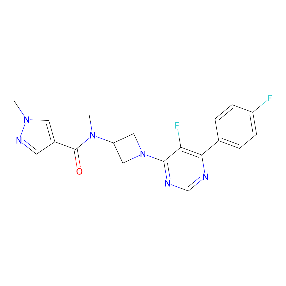 N-{1-[5-fluoro-6-(4-fluorophenyl)pyrimidin-4-yl]azetidin-3-yl}-N,1-dimethyl-1H-pyrazole-4-carboxamide molecular structure, CAS 2380085-41-4