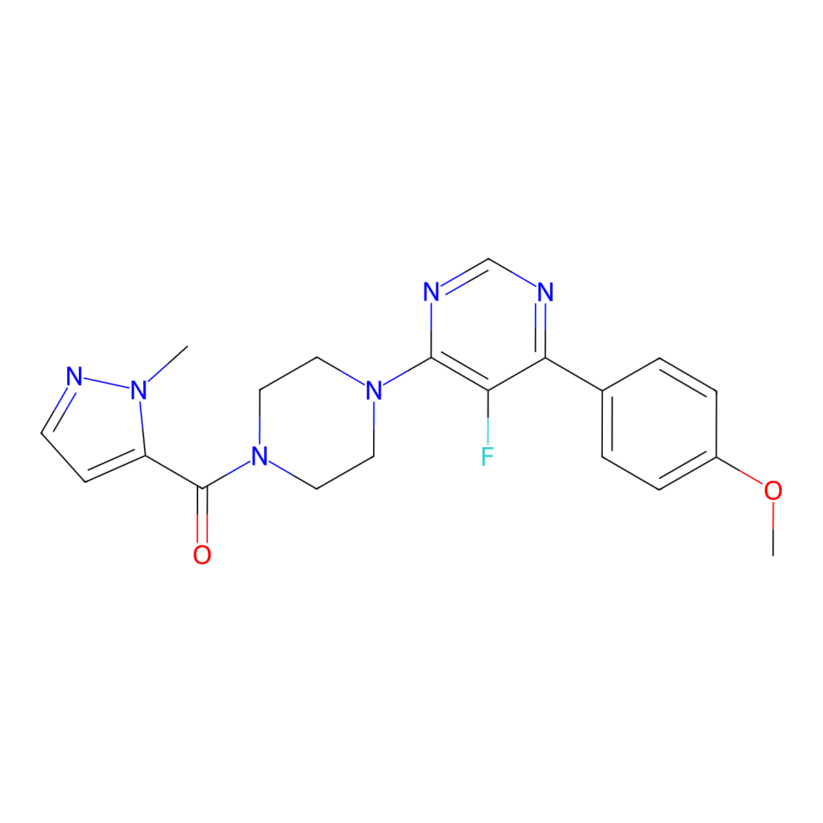 5-fluoro-4-(4-methoxyphenyl)-6-[4-(1-methyl-1H-pyrazole-5-carbonyl)piperazin-1-yl]pyrimidine molecular structure, CAS 2380085-48-1