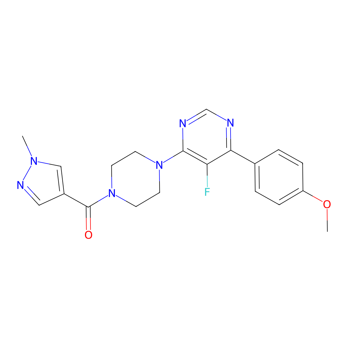 5-fluoro-4-(4-methoxyphenyl)-6-[4-(1-methyl-1H-pyrazole-4-carbonyl)piperazin-1-yl]pyrimidine molecular structure, CAS 2380085-56-1