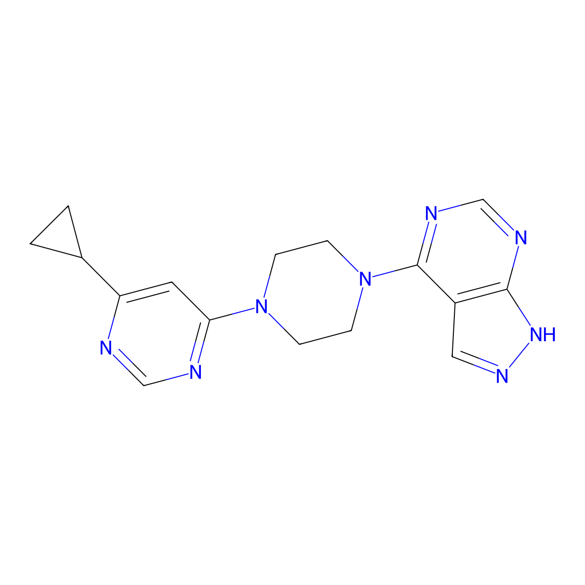 4-cyclopropyl-6-(4-{1H-pyrazolo[3,4-d]pyrimidin-4-yl}piperazin-1-yl)pyrimidine molecular structure, CAS 2380085-58-3
