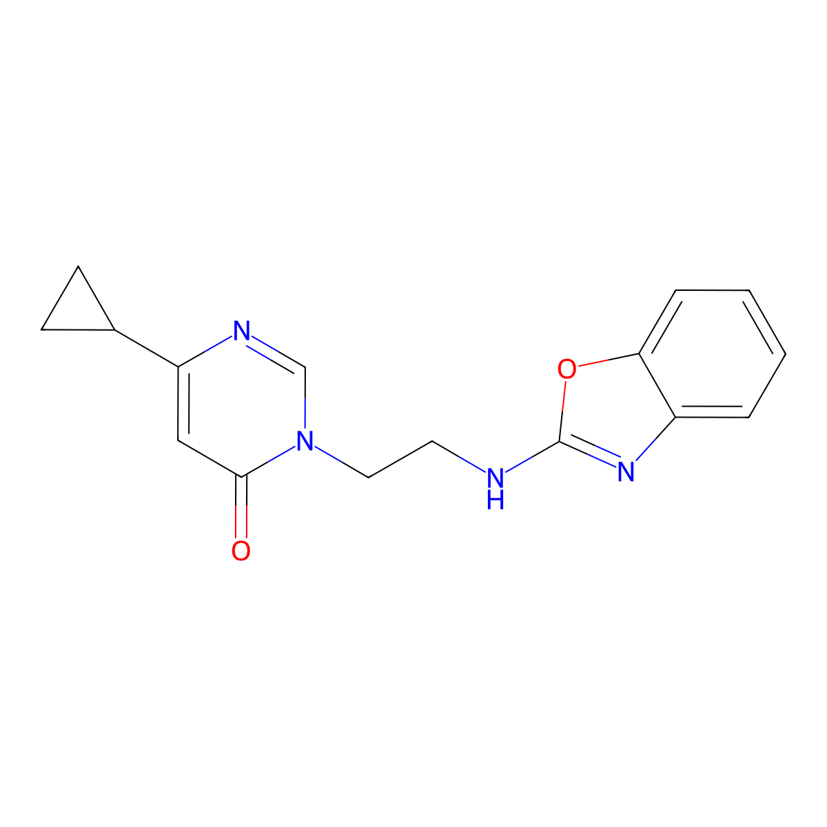 3-{2-[(1,3-Benzoxazol-2-yl)amino]ethyl}-6-cyclopropyl-3,4-dihydropyrimidin-4-one molecular structure, CAS 2380085-62-9