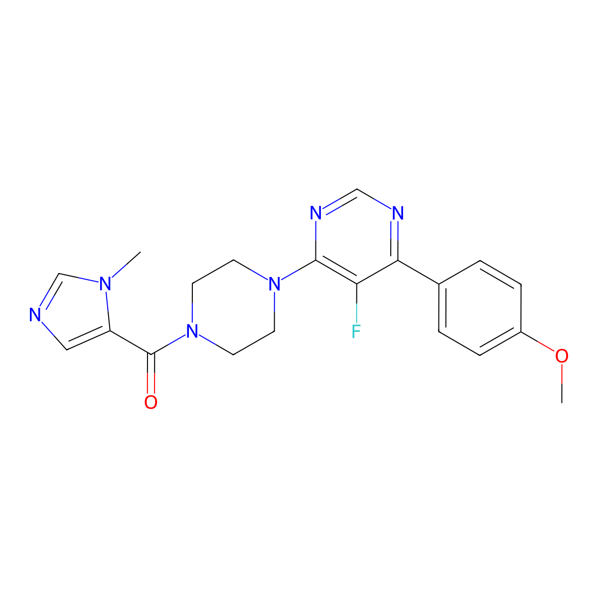 5-fluoro-4-(4-methoxyphenyl)-6-[4-(1-methyl-1H-imidazole-5-carbonyl)piperazin-1-yl]pyrimidine molecular structure, CAS 2380085-63-0