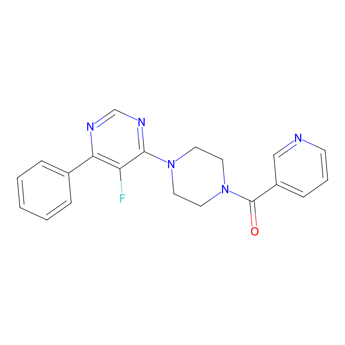 5-Fluoro-4-phenyl-6-[4-(pyridine-3-carbonyl)piperazin-1-yl]pyrimidine molecular structure, CAS 2380085-67-4