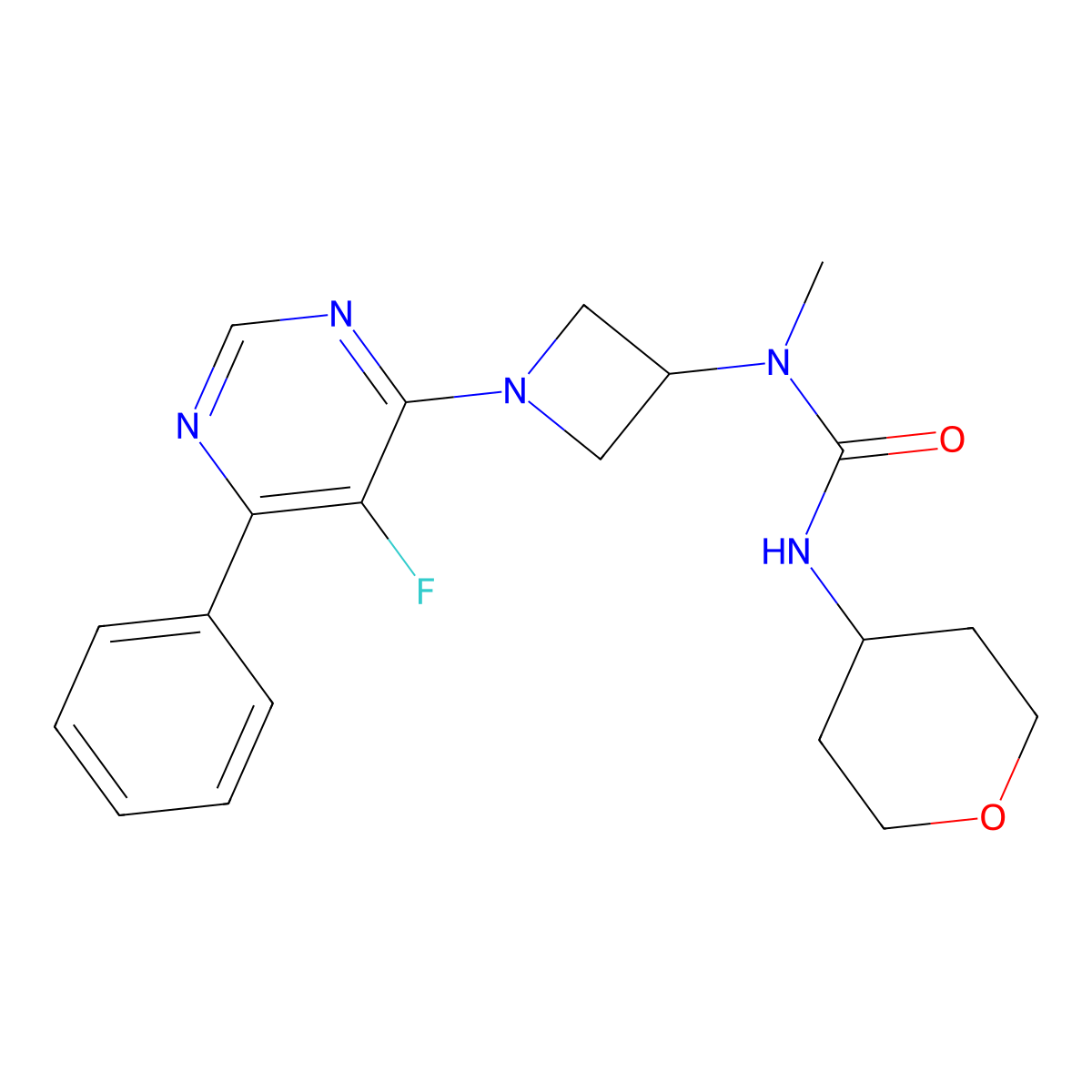 3-[1-(5-Fluoro-6-phenylpyrimidin-4-yl)azetidin-3-yl]-3-methyl-1-(oxan-4-yl)urea molecular structure, CAS 2380085-70-9