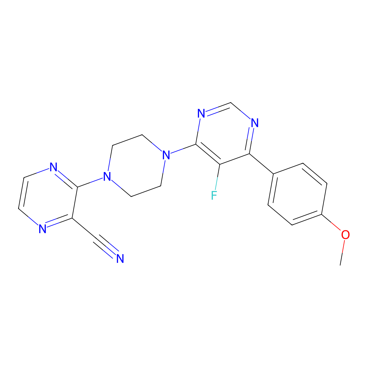 3-{4-[5-Fluoro-6-(4-methoxyphenyl)pyrimidin-4-yl]piperazin-1-yl}pyrazine-2-carbonitrile molecular structure, CAS 2380085-72-1