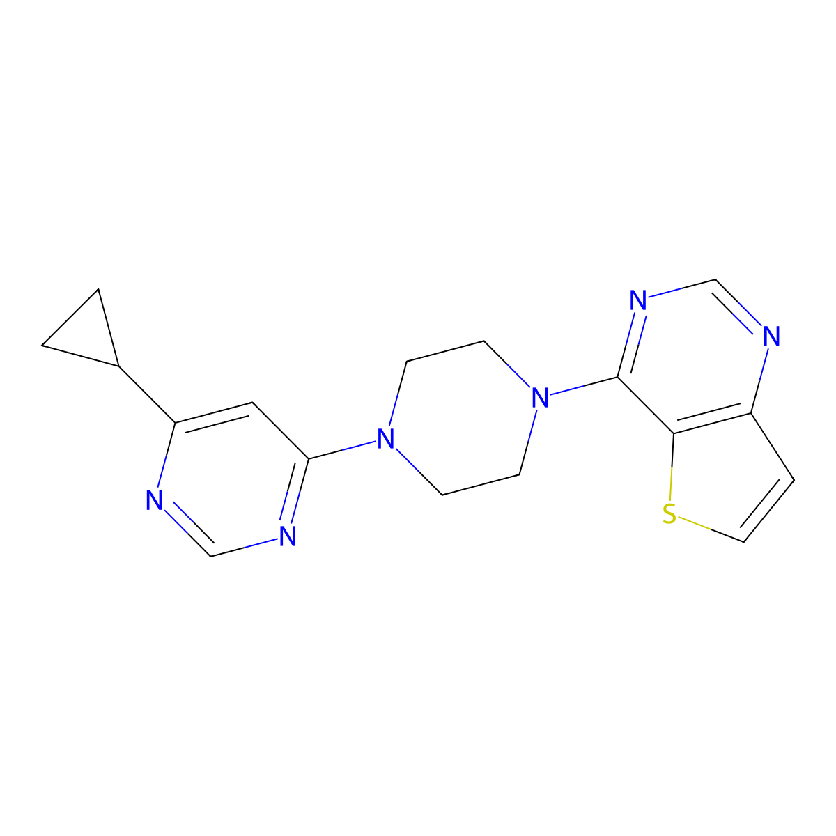 4-Cyclopropyl-6-(4-{thieno[3,2-d]pyrimidin-4-yl}piperazin-1-yl)pyrimidine molecular structure, CAS 2380085-79-8
