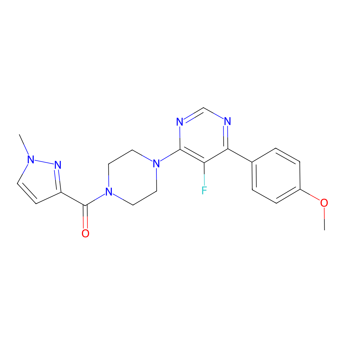 5-fluoro-4-(4-methoxyphenyl)-6-[4-(1-methyl-1H-pyrazole-3-carbonyl)piperazin-1-yl]pyrimidine molecular structure, CAS 2380085-83-4