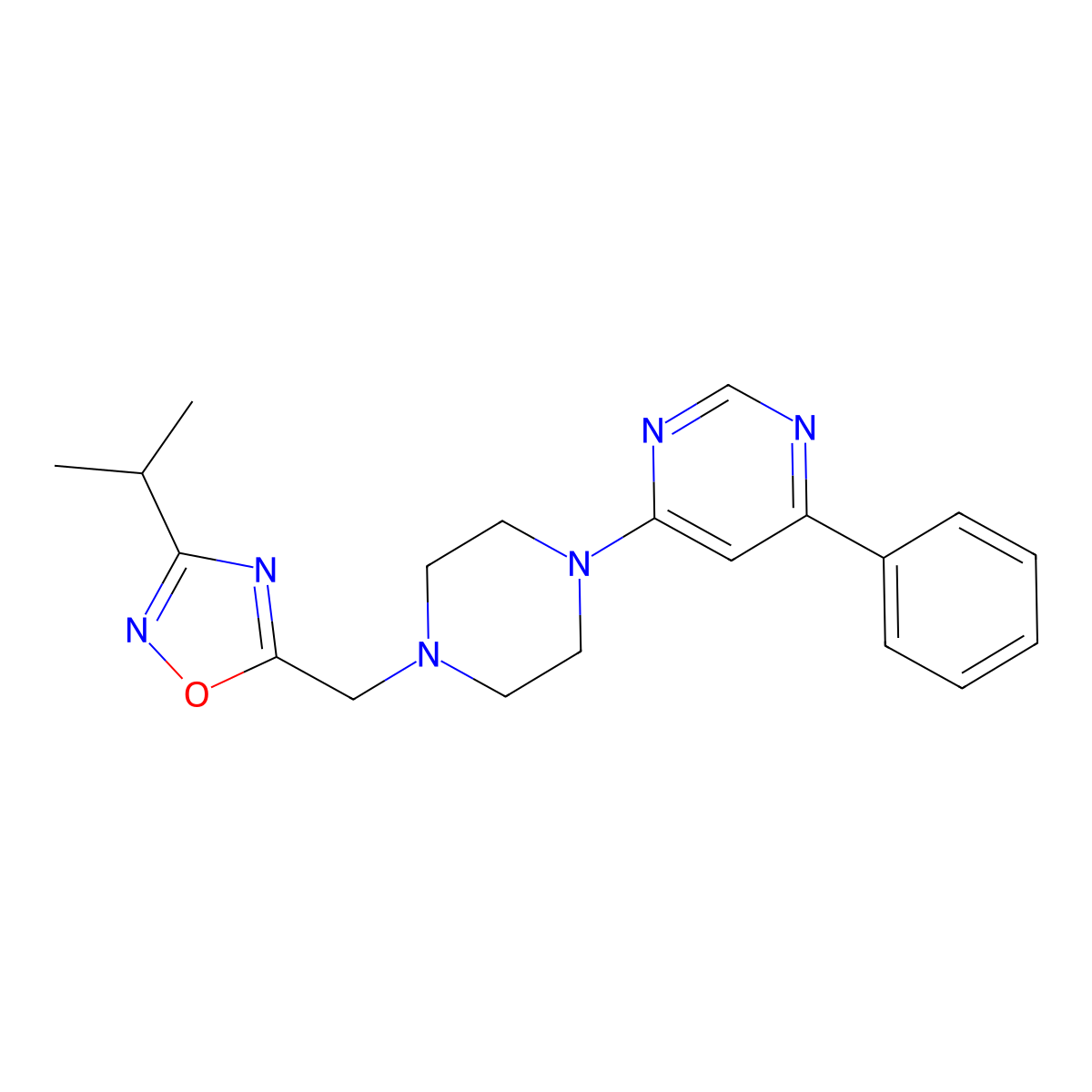 4-Phenyl-6-(4-{[3-(propan-2-yl)-1,2,4-oxadiazol-5-yl]methyl}piperazin-1-yl)pyrimidine molecular structure, CAS 2380085-89-0