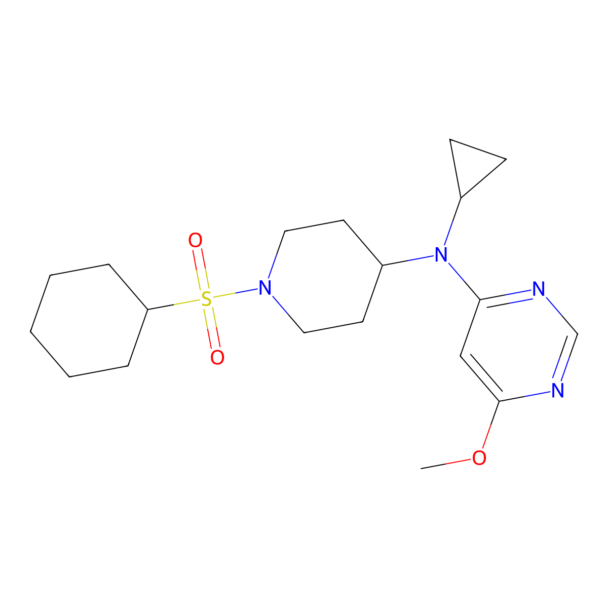 N-[1-(cyclohexanesulfonyl)piperidin-4-yl]-N-cyclopropyl-6-methoxypyrimidin-4-amine molecular structure, CAS 2380086-29-1