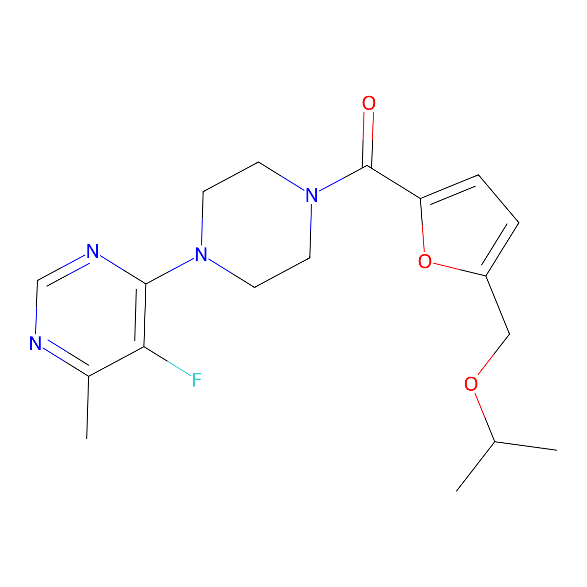 5-Fluoro-4-methyl-6-(4-{5-[(propan-2-yloxy)methyl]furan-2-carbonyl}piperazin-1-yl)pyrimidine molecular structure, CAS 2380086-30-4