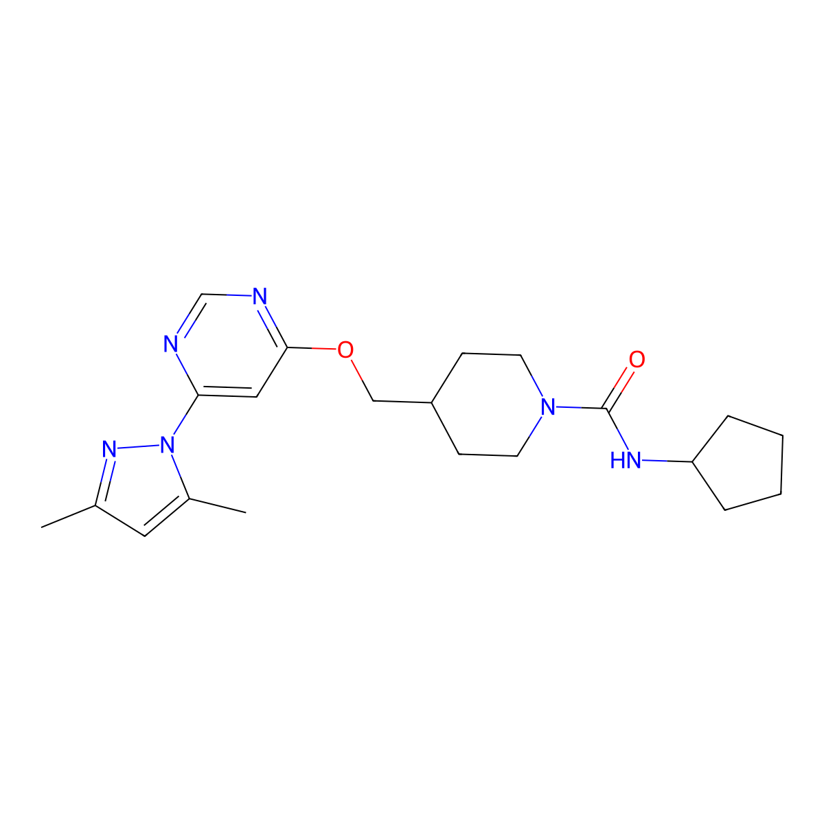 N-cyclopentyl-4-({[6-(3,5-dimethyl-1H-pyrazol-1-yl)pyrimidin-4-yl]oxy}methyl)piperidine-1-carboxamide molecular structure, CAS 2380086-41-7