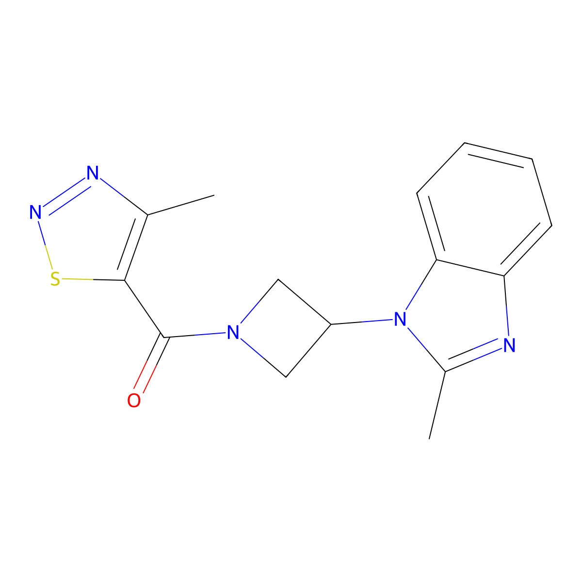 2-methyl-1-[1-(4-methyl-1,2,3-thiadiazole-5-carbonyl)azetidin-3-yl]-1H-1,3-benzodiazole molecular structure, CAS 2380086-60-0