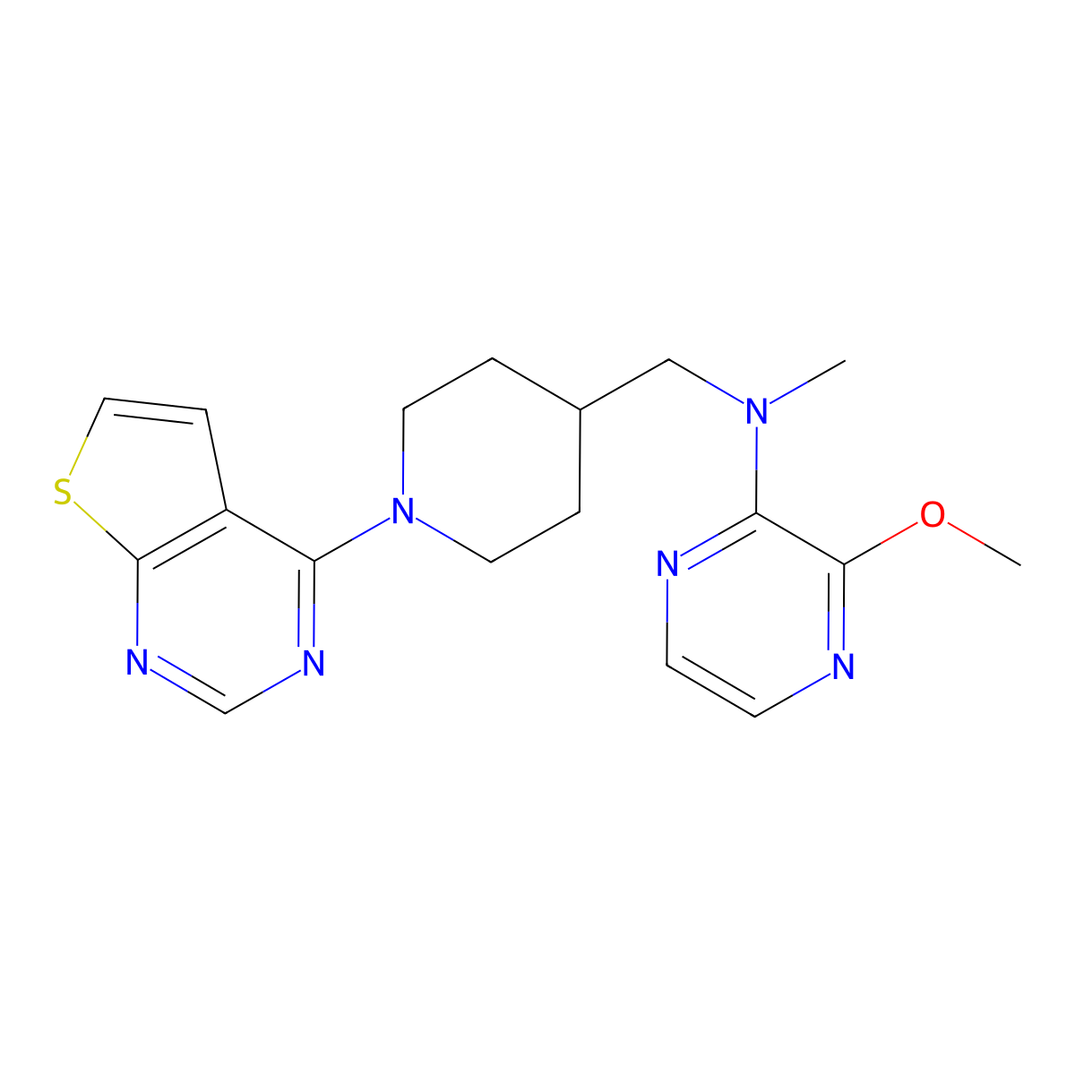 3-methoxy-N-methyl-N-[(1-{thieno[2,3-d]pyrimidin-4-yl}piperidin-4-yl)methyl]pyrazin-2-amine molecular structure, CAS 2380086-97-3
