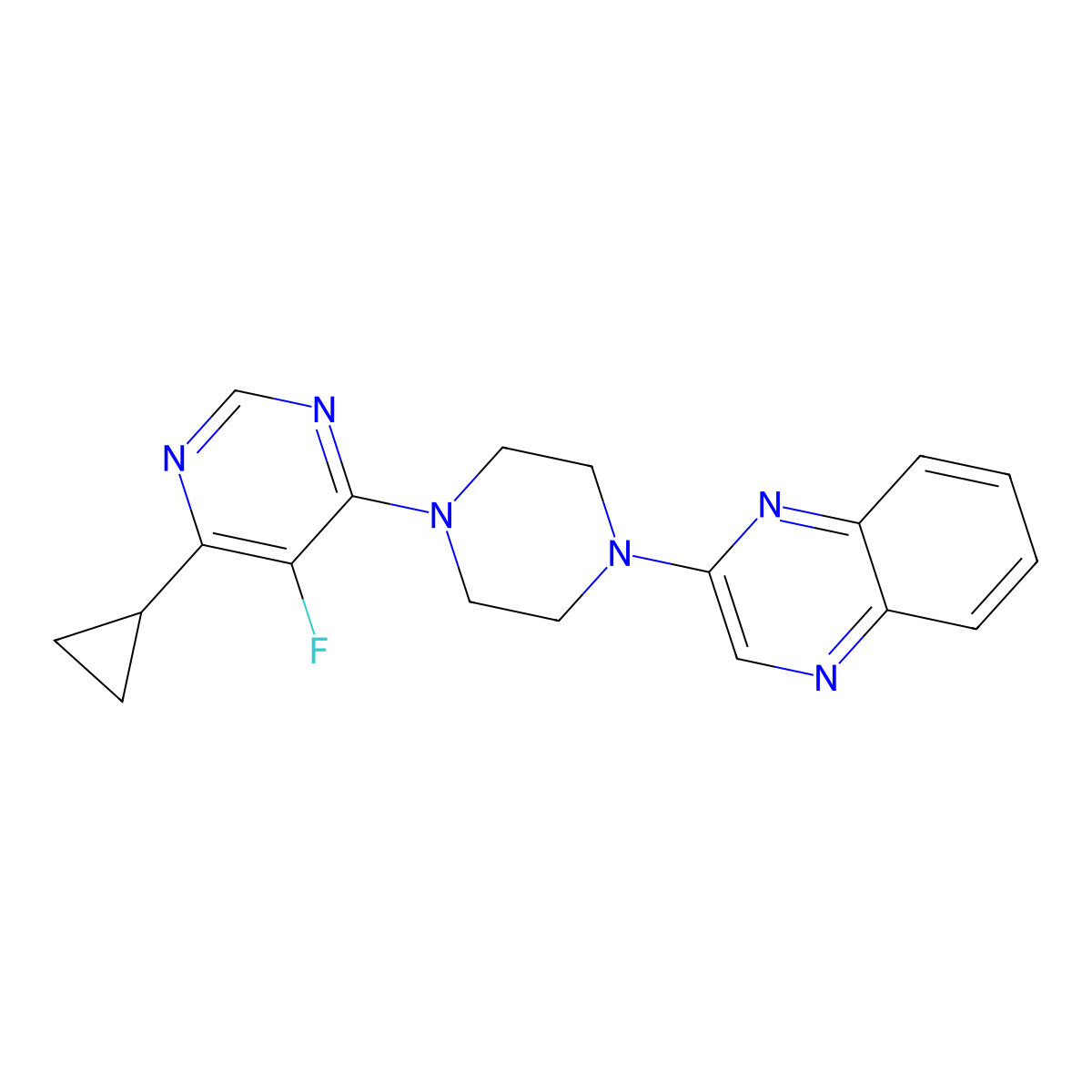 2-[4-(6-Cyclopropyl-5-fluoropyrimidin-4-yl)piperazin-1-yl]quinoxaline molecular structure, CAS 2380087-02-3