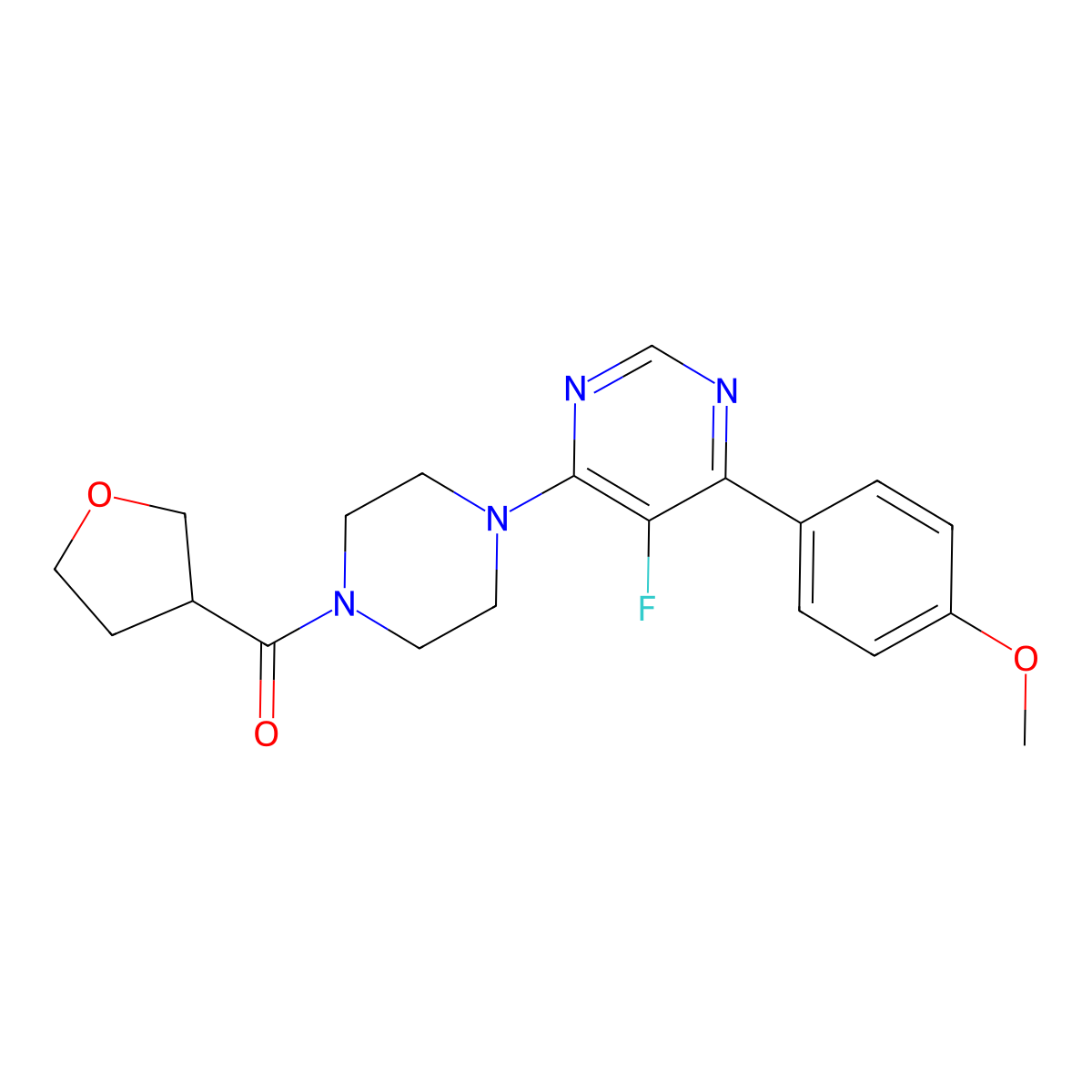 5-Fluoro-4-(4-methoxyphenyl)-6-[4-(oxolane-3-carbonyl)piperazin-1-yl]pyrimidine molecular structure, CAS 2380087-25-0